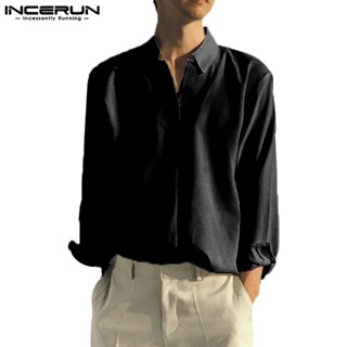 Incerun เสื้อเชิ้ตแขนยาว คอวี ผ่าข้าง สีพื้น