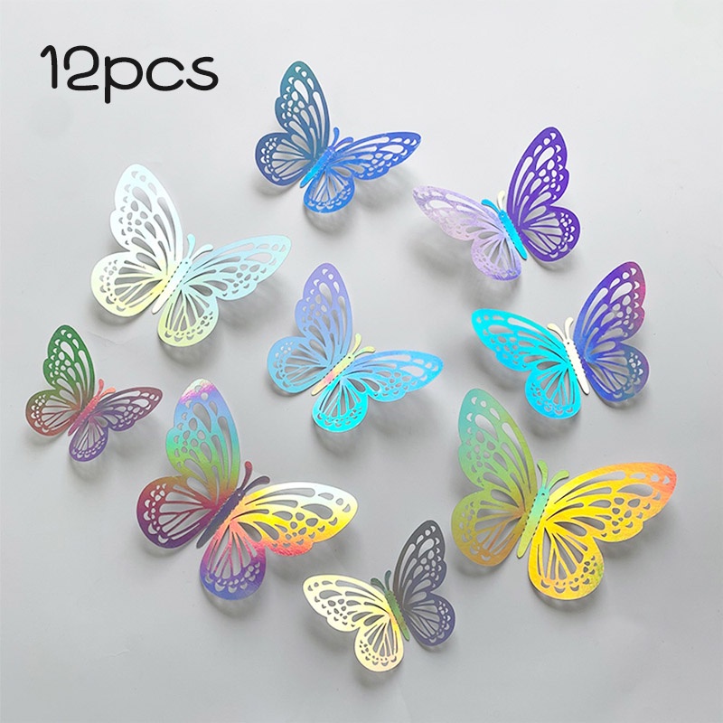 พร้อมส่ง 12pcs สติกเกอร์ผีเสื้อ 3D โลหะ สําหรับติดตกแต่งผนัง งานแต่งงาน ติ๊กเกอร์ติดผนังผีเสื้อ