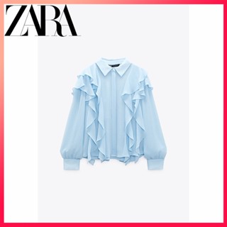 Zara ใหม่ เสื้อเชิ้ต แต่งระบาย สําหรับผู้หญิง