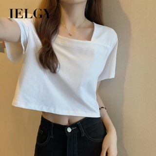 IELGY เสื้อยืดครอป แขนสั้น เปิดไหล่ เอวสูง ทรงหลวม สีขาว สไตล์ฝรั่งเศส สําหรับผู้หญิง