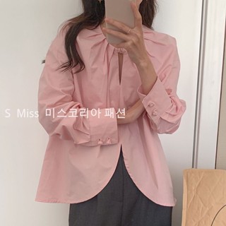 Korean style chic pleated buckle loose long-sleeved shirt women pink Korean fashion slimming top