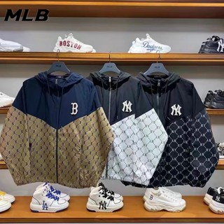 เสื้อโค้ทกันลม มีฮู้ด ปักลายโลโก้ MLB NY ของแท้ เหมาะกับใส่กลางแจ้ง สําหรับคู่รัก