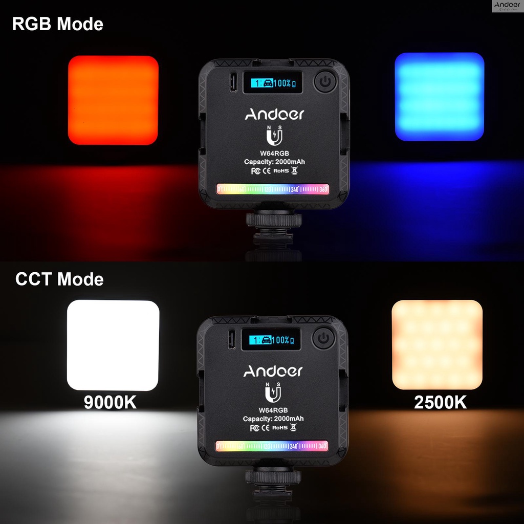 Andoer W64RGB โคมไฟ RGB 2500K-9000K หรี่แสงได้ 20 เอฟเฟค สําหรับประชุมออนไลน์ ไลฟ์สด คอมพิวเตอร์ แท็บเล็ต