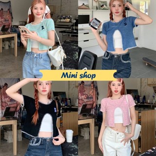 Mini shop🌸พร้อมส่ง🌸 (9A111) เสื้อแขนสั้นถักไหมพรม คอกลม ดีเทลเว้าเอวตรงกลางเก๋ๆ -C