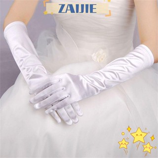 Zaijie ถุงมือยาว ผ้าซาติน ยืดหยุ่น สีดํา สีขาว สีทอง หลากสี เหมาะกับงานพรอม ปาร์ตี้ งานแต่งงาน สําหรับผู้หญิง และผู้ใหญ่