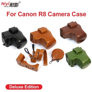 R8 เคสกระเป๋าหนัง PU ครึ่งตัว ป้องกันกล้อง พร้อมสายคล้องไหล่ สําหรับ Canon EOS R8