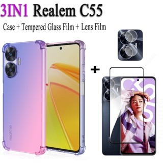 3 in1 เคสโทรศัพท์มือถือแบบใส ไล่โทนสี 9H สําหรับ Realme C53 C55 C33 C30 C35 C11 2021 C25 C21Y C31 C21 C20 C15 C12 C11