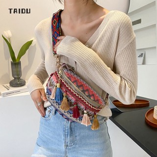 TAIDU กระเป๋าสะพายไหล่ คาดเอว สะพายข้าง หนังสาน แต่งพู่ สไตล์เรโทร การออกแบบส่วนบุคคล องค์ประกอบเฉพาะ