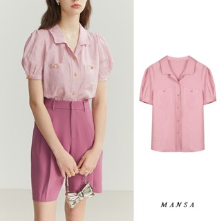 MANSA Pink Linen Shirt เสื้อเชิ้ตสีพื้น แขนสั้น โอเวอร์ไซส์ผู้หญิง