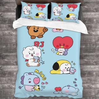 3 in 1 BTS BT21 ชุดเครื่องนอน ผ้าปูที่นอน ผ้าห่ม ปลอกหมอนนุ่ม พิมพ์ลายการ์ตูน 3D และปลอกหมอน 2 ชิ้น