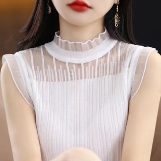 เสื้อกล้ามแขนกุด ผ้าถัก แต่งลูกไม้ ระดับไฮเอนด์ สีขาว สําหรับผู้หญิง