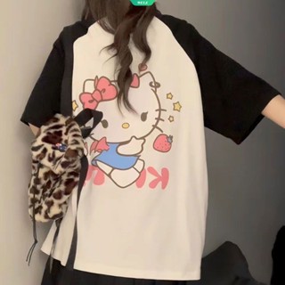 SANRIO เสื้อยืดแขนสั้นลําลอง พิมพ์ลาย Hello Kitty แฟชั่นฤดูร้อน สไตล์ญี่ปุ่น 2023