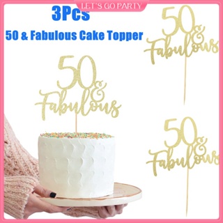 3pcs 50 &amp; Fabulous Cake Topper Gold Glitter 50th Birthday Cake Picks Baking Pastry Decoration