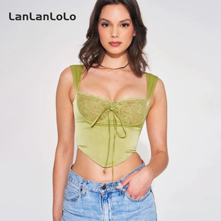 Lanlanlolo เสื้อสายเดี่ยว ผ้าซาติน แต่งลูกไม้ สีพื้น สุดเซ็กซี่ สําหรับผู้หญิง 2023