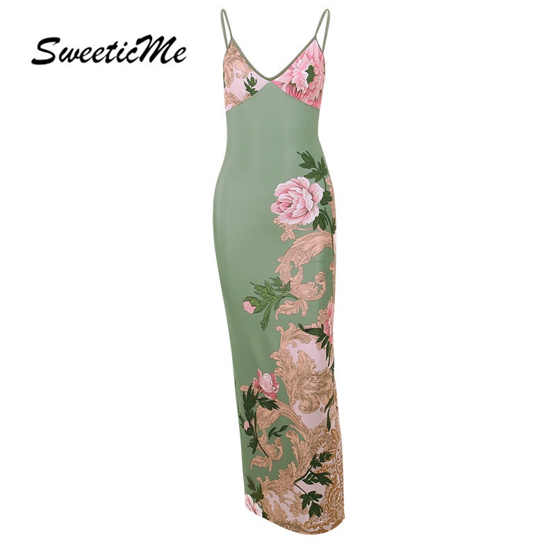 SweeticMe ชุดเดรสยาวคอวีแฟชั่นใหม่ของผู้หญิง