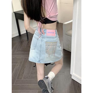 Dayday Girl เสื้อผ้าเด็กผู้หญิง | กระโปรงยีน ทรงเอ เอวสูง ปักลาย สีชมพูคอนทราสต์ สไตล์เกาหลี สําหรับผู้หญิง