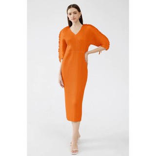 2MUAY PLEAT เดรสผู้หญิง เดรสพลีทคุณภาพ รุ่น CX60495 5สี FREE SIZE V NECK RUFFLE SLEEVE PLEAT DRESS