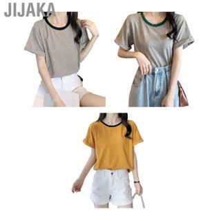 Jijaka Women Classic Fit Crewneck T Shirt  Loose and Stylish Breathable  Fiber Striped Design Women Short Sleeve T Shirt Skin Friendly  for Shopping