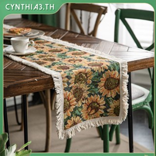 Oyzoce ภาพวาดสีน้ำมันสไตล์ Table Runner พู่ผ้าฝ้ายลินินสไตล์อเมริกันธงตาราง Jacquard ดอกทานตะวัน Placemat ผ้าปูโต๊ะในครัว Table Runner สำหรับโต๊ะรับประทานอาหาร Cynthia