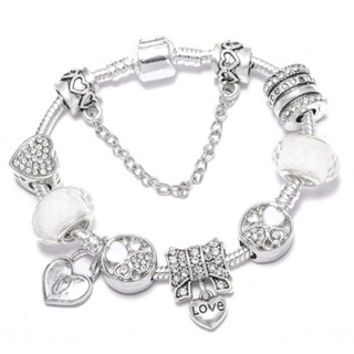 Bracelets Antique Charm Beads Crystal Heart Prevent Allergies Silver Plated