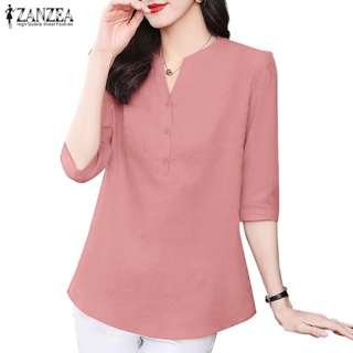 Zanzea เสื้อเชิ้ตลําลอง คอวี แขนสามส่วน สีพื้น สไตล์เกาหลี สําหรับผู้หญิง