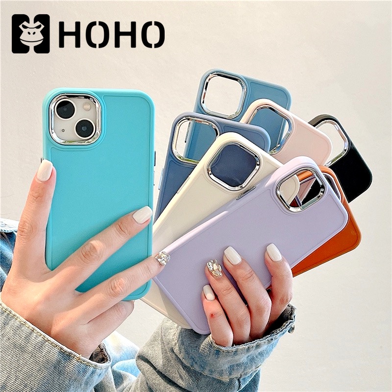 HY เคสใช้สำหรับไอโฟน ใช้สำหรับ iPhone 11 Pro Max 12 Pro Max TPU Case เคสซิลิโคน กรอบเลนส์โลหะ ปุ่มโลหะ สีพื้น