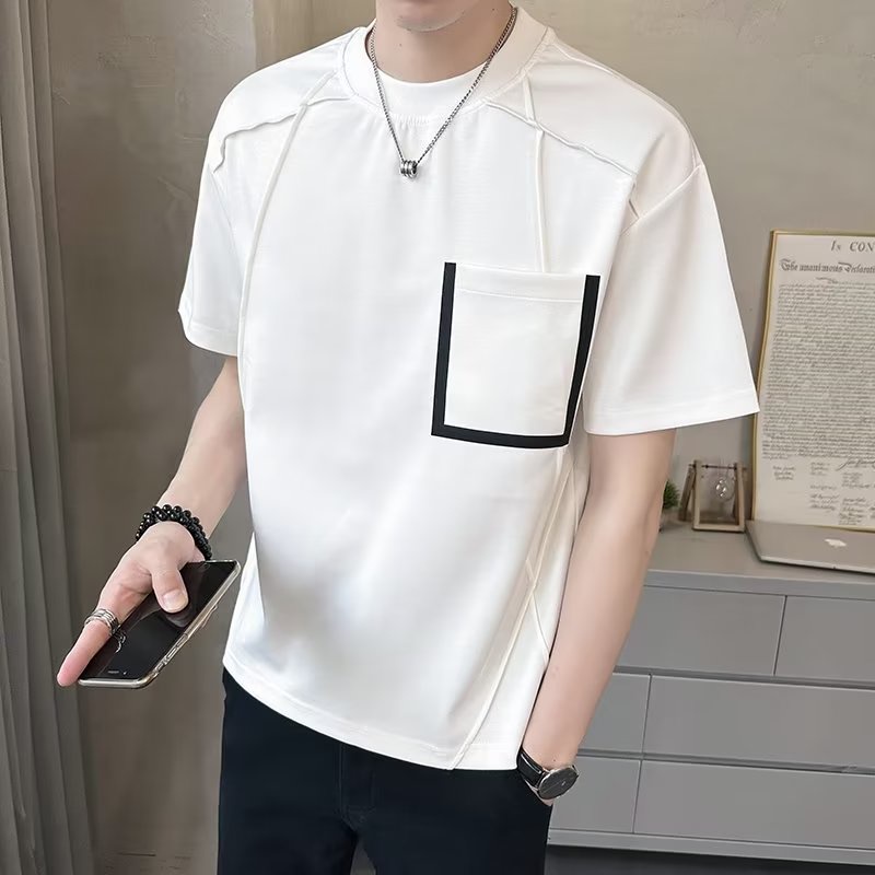 ฤดูร้อนสไตล์เกาหลีผู้ชายเสื้อยืดหลวมถนนสวมใส่อินเทรนด์ด้านบนแยกสีทึบกระเป๋าขนาดใหญ่สบายๆครึ่งแขนเสื้อยืด ม-