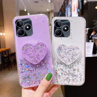 พร้อมส่ง ใหม่ เคสโทรศัพท์มือถือนิ่ม ปิดด้านหลัง ประดับเลื่อม รูปหัวใจ พร้อมขาตั้ง สําหรับ Realme C53 C55 NFC 2023 RealmeC53