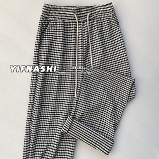 503# Pleated woven fabric black and white plaid pants womens summer casual straight high waist drape wide leg pants