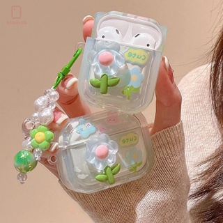 เคสหูฟังบลูทูธไร้สาย ซิลิโคน ลายดอกไม้ 3D พร้อมพวงกุญแจ สีฟ้า สําหรับ Airpods 3 Pro 2 Airpods 1/2 Pro