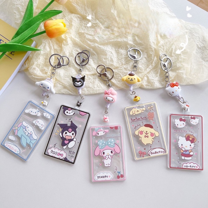 Sanrio Kuromi Cinnamoroll My Melody เคสแข็ง แบบสไลด์ พร้อมสายโซ่คล้อง ยืดหยุ่น สําหรับบัตรเครดิต บัตรประจําตัว