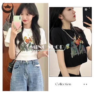 Ming Summer เสื้อยืดครอปท็อป คอกลม แขนสั้น พิมพ์ลายดอกไม้ สไตล์อเมริกัน เรโทร สําหรับผู้หญิง TH