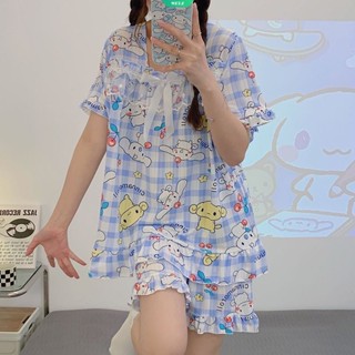 ชุดนอนเสื้อแขนสั้น กางเกงขาสั้น ลาย Sanrio Cinnamoroll Kuromi น่ารัก ขนาดใหญ่ สไตล์มินิมอล แฟชั่นฤดูร้อน สําหรับสตรี 2023