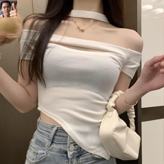 พร้อมส่ง เสื้อยืดเปิดไหล่ข้างเดียว ผ้าถัก เซ็กซี่ สําหรับผู้หญิง