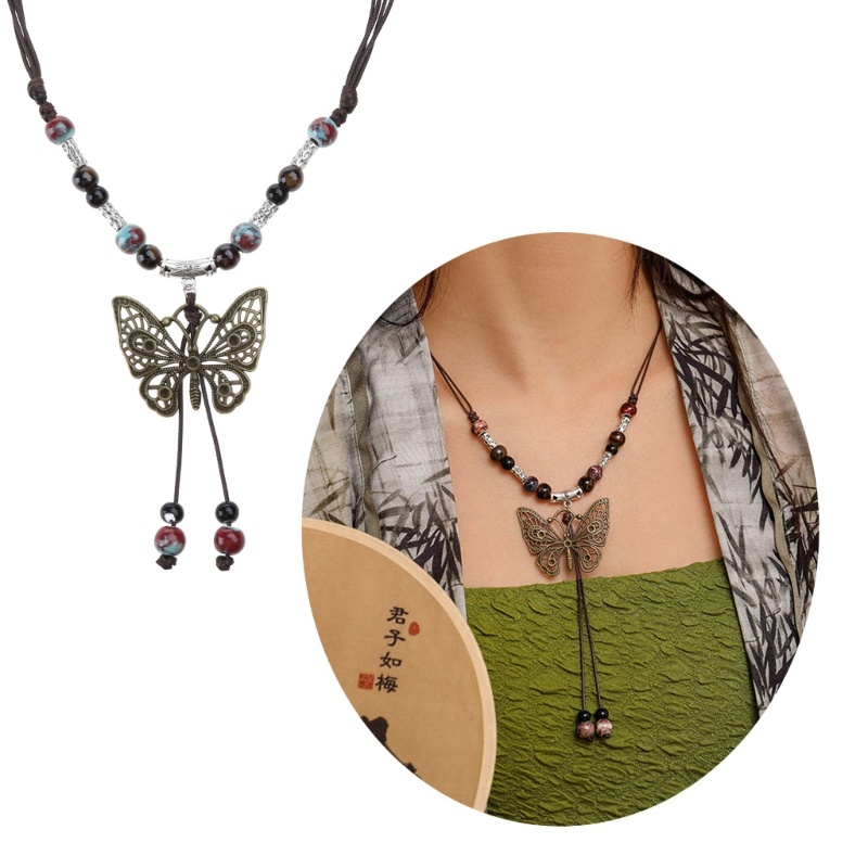 Vintage Wax Rope Handmade Ceramics Bead สร้อยคอจี้ผีเสื้อสําหรับคนรัก