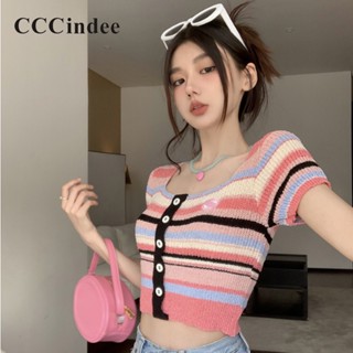 Cccindee เสื้อยืด คอสี่เหลี่ยม แขนสั้น ลายทาง เข้ารูป เข้ากับทุกการแต่งกาย แฟชั่นใหม่ สําหรับผู้หญิง 2023