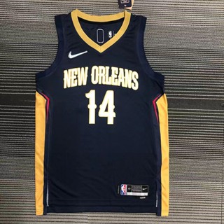 รองเท้าบาสเก็ตบอล NBA Orleans Pelicans สําหรับผู้ชาย #14 เสื้อกีฬาแขนสั้น ลายทีมชาติฟุตบอล Brandon Ingram ครบรอบ 75 ปี ประดับเพชร สีฟ้าเข้ม สไตล์เรโทร 242400