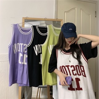 เสื้อกล้ามตาข่ายสีแดง เวอร์ชั่นเกาหลี เสื้อยืดแขนกุดตัวหนังสือ SJ3587