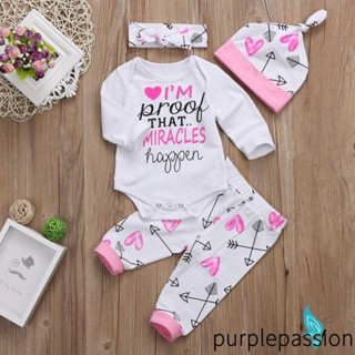 Purplepassion- ชุดรอมเปอร์แขนยาว คอซองจดหมาย รูปหัวใจ และลูกศร และกางเกง ประดับโบว์ ที่คาดผม หมวกบีนนี่ สําหรับเด็กผู้หญิง 4 ชิ้น