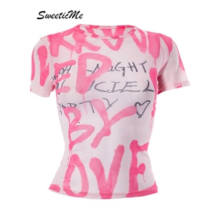 Sweeticme ใหม่ เสื้อยืดซีทรู แขนสั้น คอกลม พิมพ์ลายตัวอักษร แฟชั่นสําหรับสตรี 2023