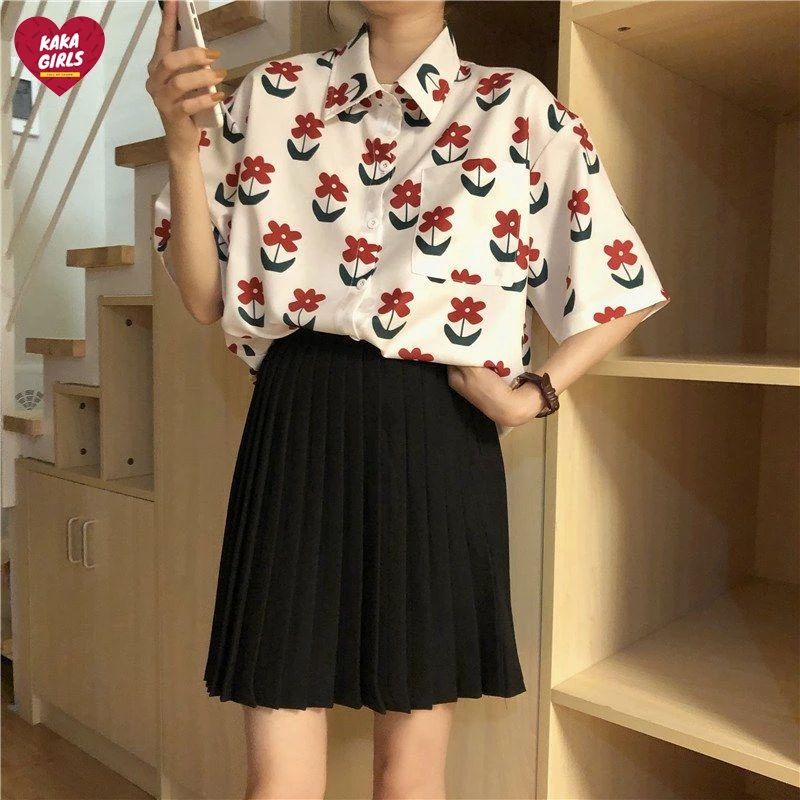 เสื้อเชิ้ตแขนสั้นลายดอก กระดุมหน้า
