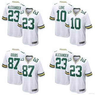 Qy NFL เสื้อยืดลําลอง แขนสั้น คอกลม พิมพ์ลายเกม Jersey Alexander Love Doubs สีเขียว สําหรับผู้ชาย พลัสไซซ์