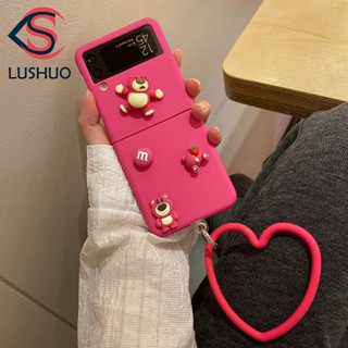 Lushuo เคสโทรศัพท์มือถือ ซิลิโคน ปิดด้านหลัง ลายการ์ตูนดอกกุหลาบน่ารัก 3D พร้อมสายคล้องมือ สําหรับ Samsung Galaxy Z Flip 3 5G and Z Flip 4 Z Flip3 ZFlip3 ZFlip 3 Z Flip4 ZFlip 4