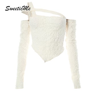 Sweeticme เสื้อยืด แขนทรงไม่สมมาตร เปิดหลัง เข้ารูป สีพื้น แฟชั่นใหม่ สําหรับผู้หญิง 2023