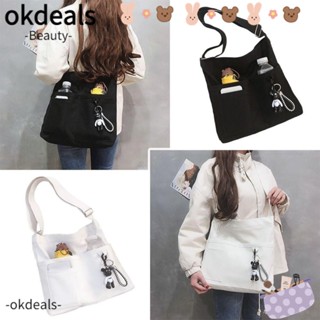 Okdeals กระเป๋าสะพายไหล่ ผ้าแคนวาส ทรงเมสเซนเจอร์ ขนาดใหญ่ จุของได้เยอะ สีขาว แฟชั่นสําหรับสตรี