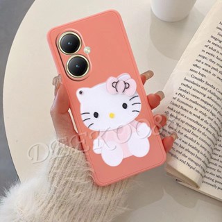 พร้อมส่ง เคสโทรศัพท์มือถือ ซิลิโคนนิ่ม ลายการ์ตูนแมวน่ารัก สีชมพู พร้อมกระจกแต่งหน้า ขาตั้งวาง สําหรับ VIVOY27 VIVO Y27 4G 5G