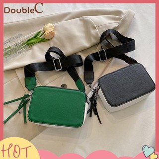 【Double C 】✿   กระเป๋าสะพายข้าง หนัง PU กันน้ํา แต่งซิป และสายสะพายกว้าง สไตล์วินเทจ สําหรับผู้หญิง