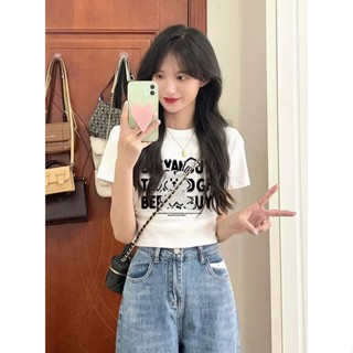 Massimo  เสื้อครอป เสื้อยืดผู้หญิง ครอป baby tee สาวเรโทร 2023 NEW Style ทันสมัย Korean Style ทันสมัย Unique A99J52I 36Z230909