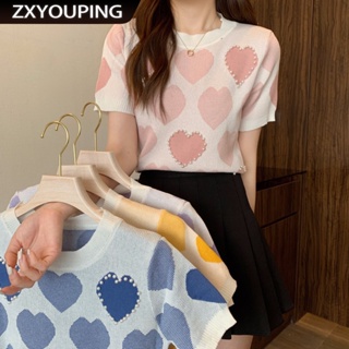 Zxyouping ฤดูร้อนใหม่แขนสั้นรัก Jacquard ลูกปัดทุกการแข่งขันสลิมมิ่งสั้นเสื้อยืดผ้าไหมน้ําแข็งถักเสื้อกันหนาวผู้หญิงส่วนบางด้านบน