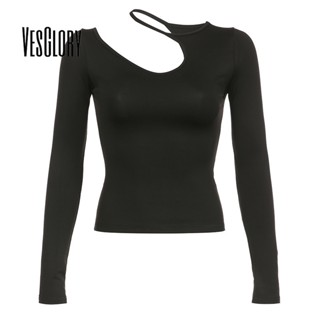 Vesglory เสื้อครอปท็อปลําลอง แขนยาว คอกลม ทรงสลิมฟิต สีพื้น แฟชั่นสําหรับสตรี 2023